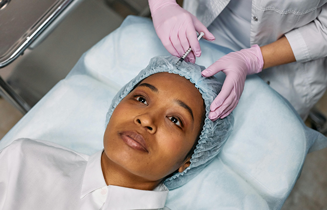 Woman receiving an injection in her forehead