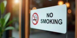 No smoking sign on glass door 
